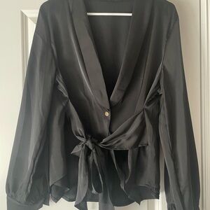 Women’s Black Silky Wrap Blouse With Tie Front